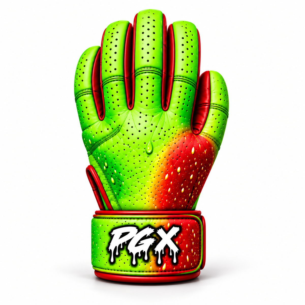 PGX Candy Apple long cuff batting glove, green and red backhand view