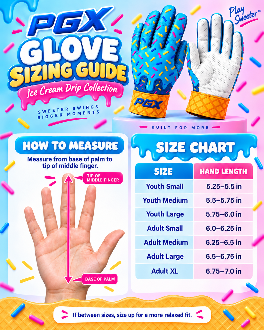 PGX Ice Cream Drip glove sizing guide with unbranded palm cuff