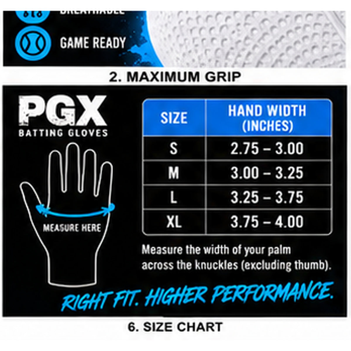 PGX Blue Smiley batting gloves size chart and hand measurement guide