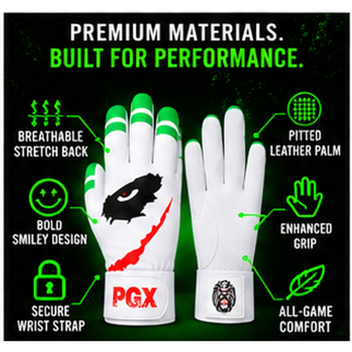 PGX Green Smiley batting gloves premium materials and performance features