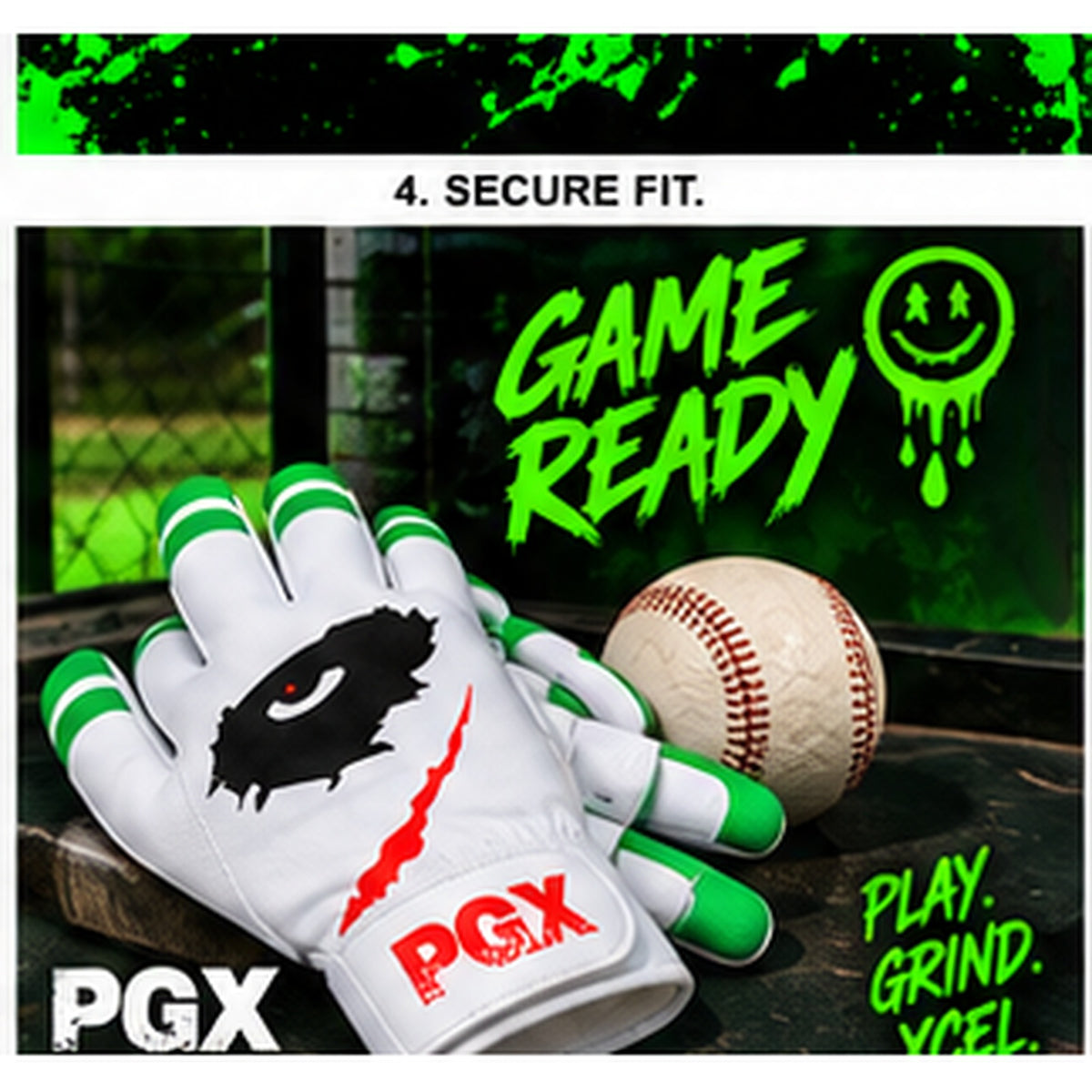 PGX Green Smiley batting gloves game ready lifestyle image