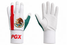 PGX Mexico long cuff baseball batting glove with Mexican flag design and white textured palm