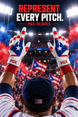 Player raising PGX Puerto Rico long cuff batting gloves in a stadium with Represent Every Pitch text