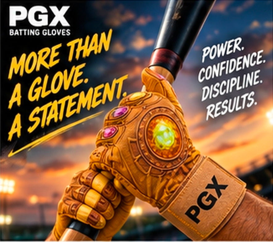 PGX Power Stones long cuff batting gloves gripping a bat against a stadium background