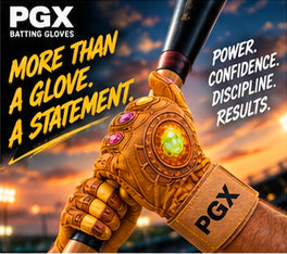 PGX Power Stones long cuff batting gloves gripping a bat against a stadium background